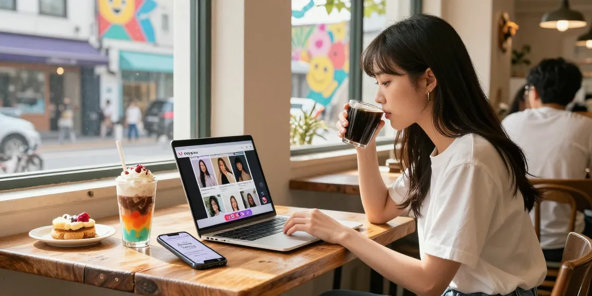 インスタ 韓国人 フォロワー 購入を促進するための都会的なカフェでのインフルエンサーの活動シーン