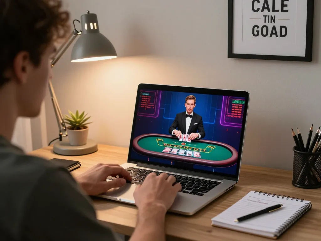 LC88 online gamer strategizing at home with vibrant blackjack gameplay on laptop screen.