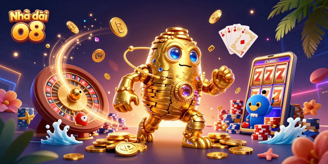 Experience the excitement of Nhà cái o8 with vibrant casino elements, including a golden golem and dynamic game features.