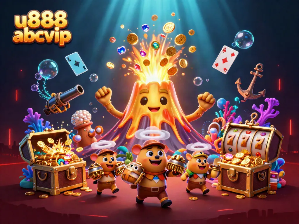 Experience the thrill of u888 abcvip with a golden volcano erupting treasure in a dynamic casino scene.