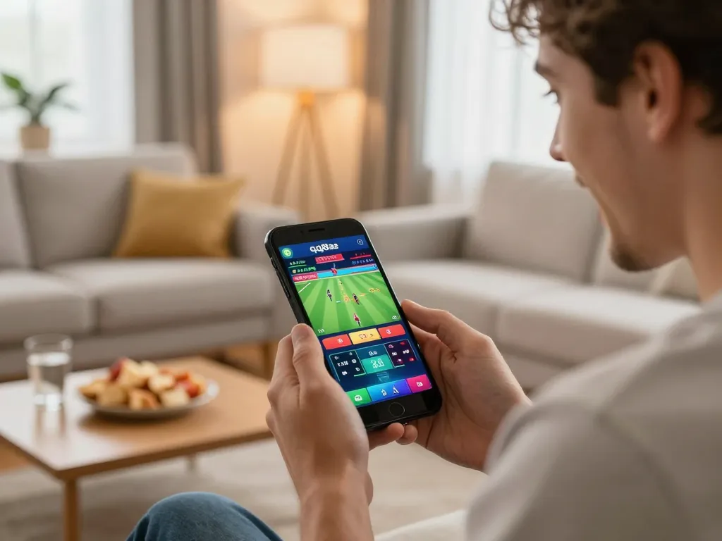 Player enjoying sports betting on a mobile app for qq88ae in a cozy home setting.