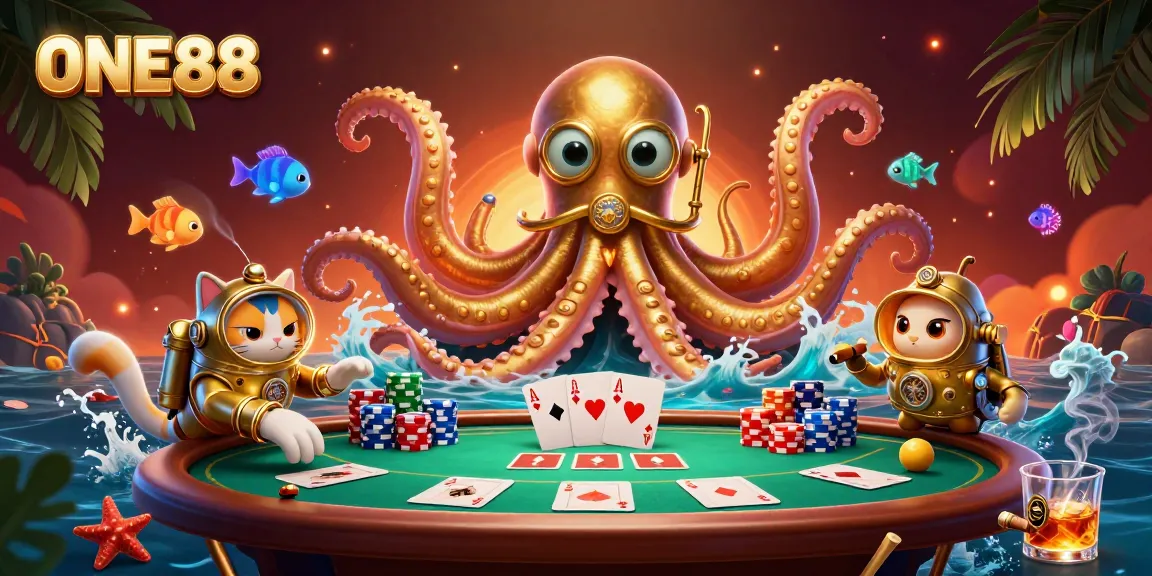 Engage with ONE88's vibrant poker scene featuring animated characters and rich casino elements.