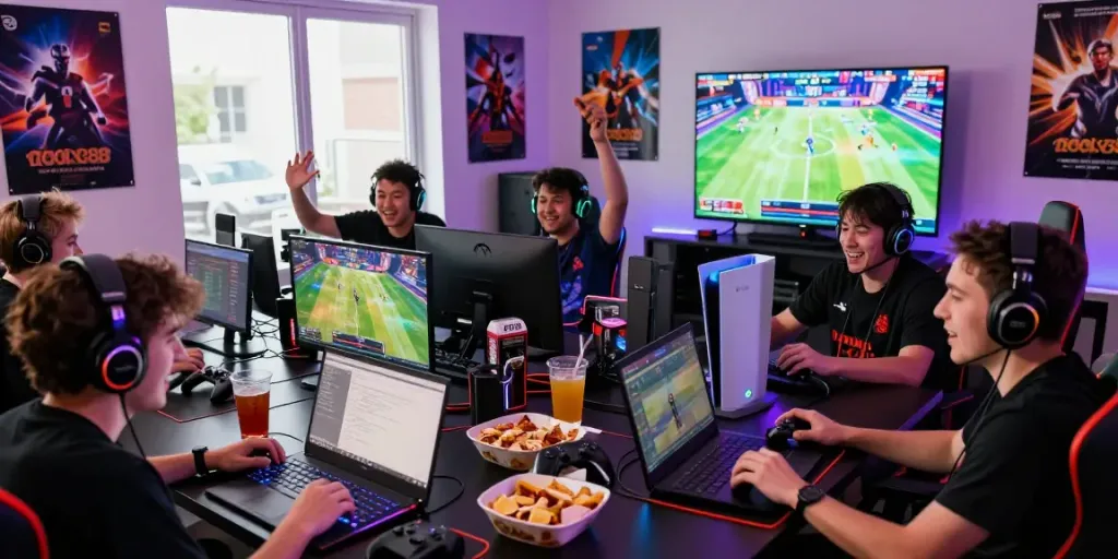 Exciting gaming community atmosphere featuring rokok88 enthusiasts interacting online with consoles and vibrant LED lighting.