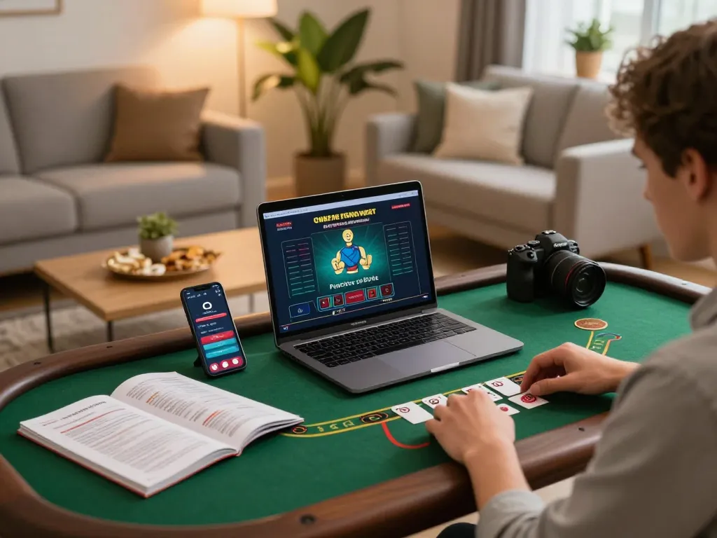 Engaging an online blackjack game with cm88 on a laptop in a cozy living room setup.
