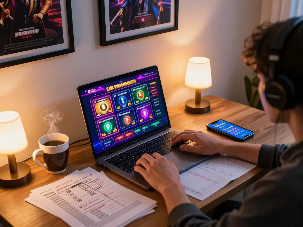 xoso 66 player engaging deeply with online casino games on laptop while managing strategy notes