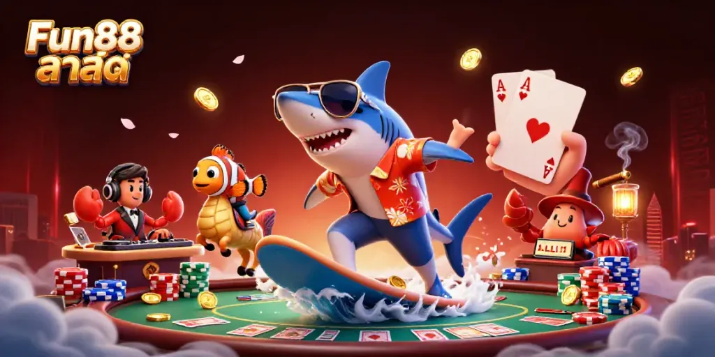 Surf on a wave of gold coins with Fun88 ล่าสุด featuring a hammer-head shark in a Hawaiian shirt