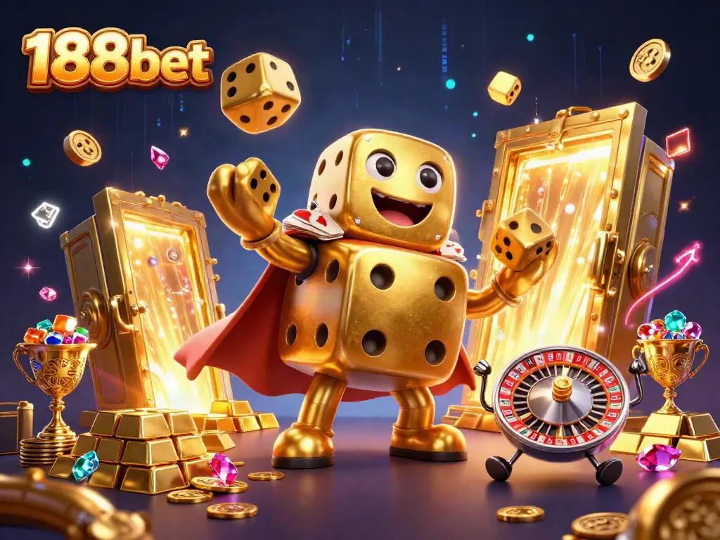 Experience thrilling action at 188 bet with a golden dice golem celebrating wins amidst sparkling gems.