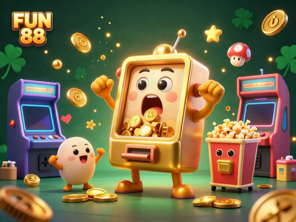Experience the excitement of FUN 88 with a celebratory slot machine scene and vibrant casino elements.