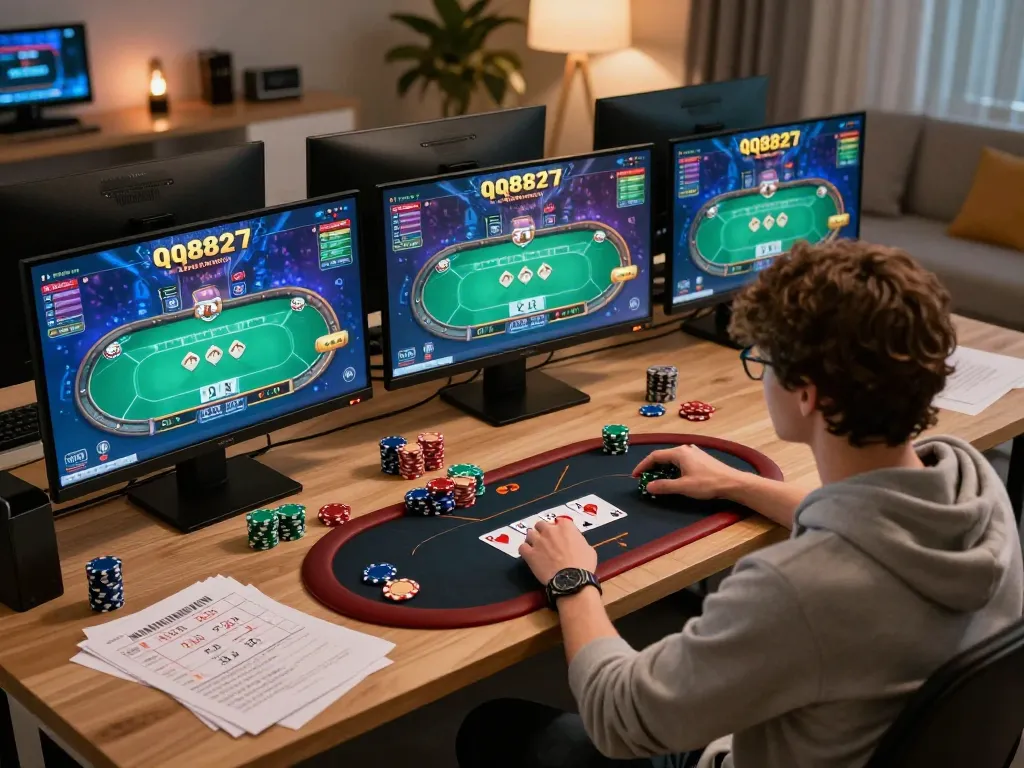 Player strategizing poker gameplay on qq8827 in a modern home setup with multiple screens.