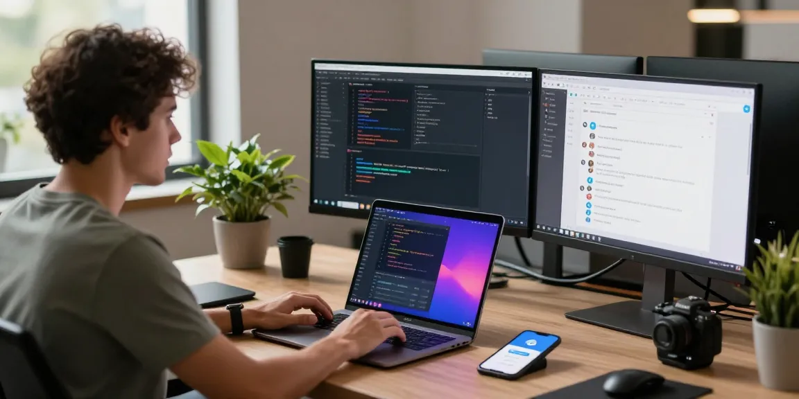 Download Telegram on a stylish tech workspace desk with code open and notifications active.