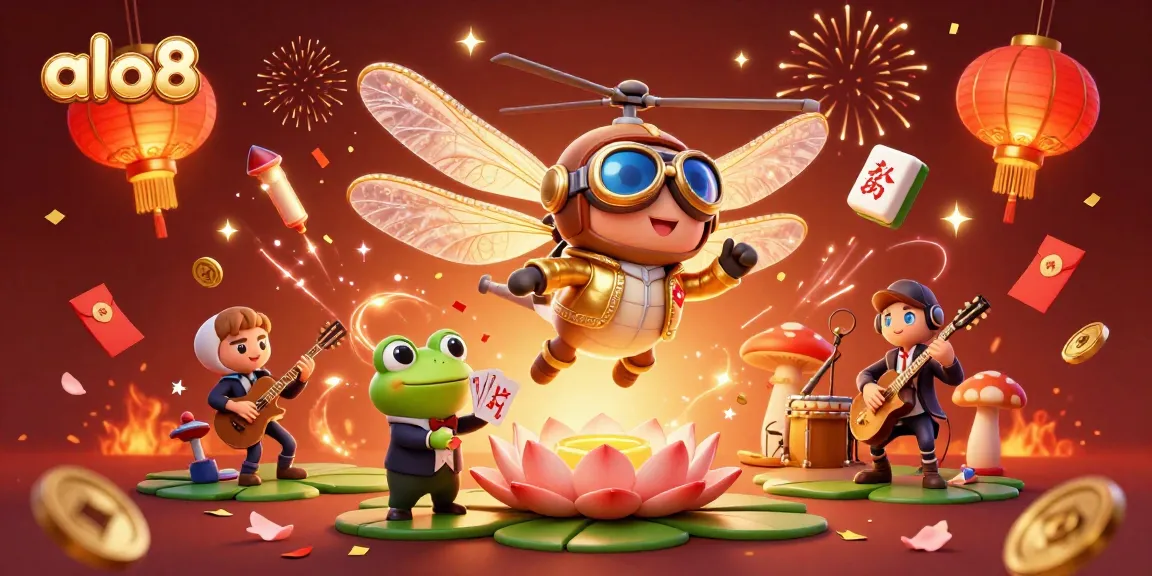 Experience thrilling gameplay with alo8 at an enchanting lily pad casino, featuring dynamic characters and festive elements.
