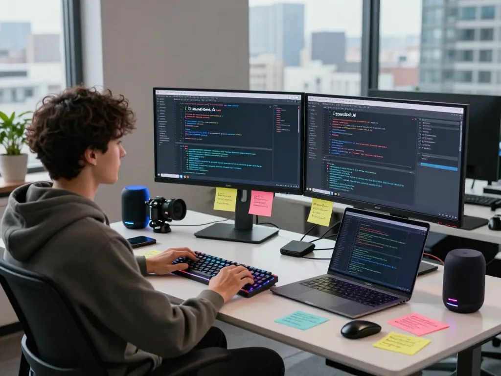 Developer utilizing Clawdbot AI in a modern workspace with dual monitors and creative elements.