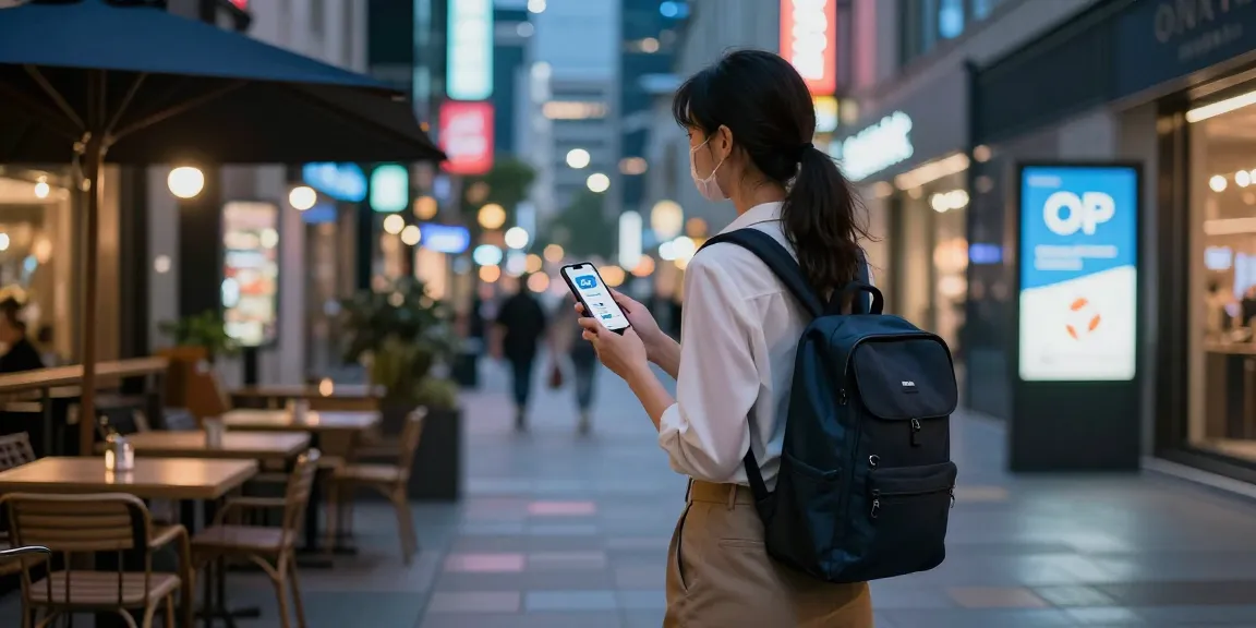 Young woman exploring urban nightlife with OP코리아 service app in hand.