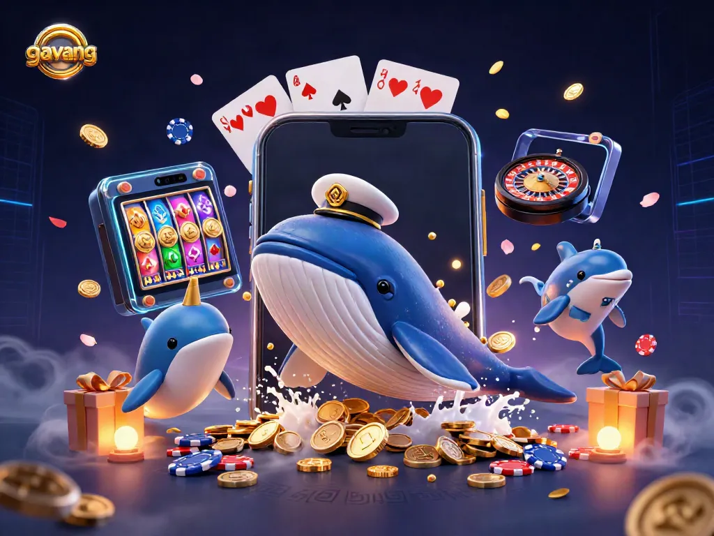 Play engaging games on Gavang with a vibrant 3D scene featuring a whale and dolphins amidst coins.