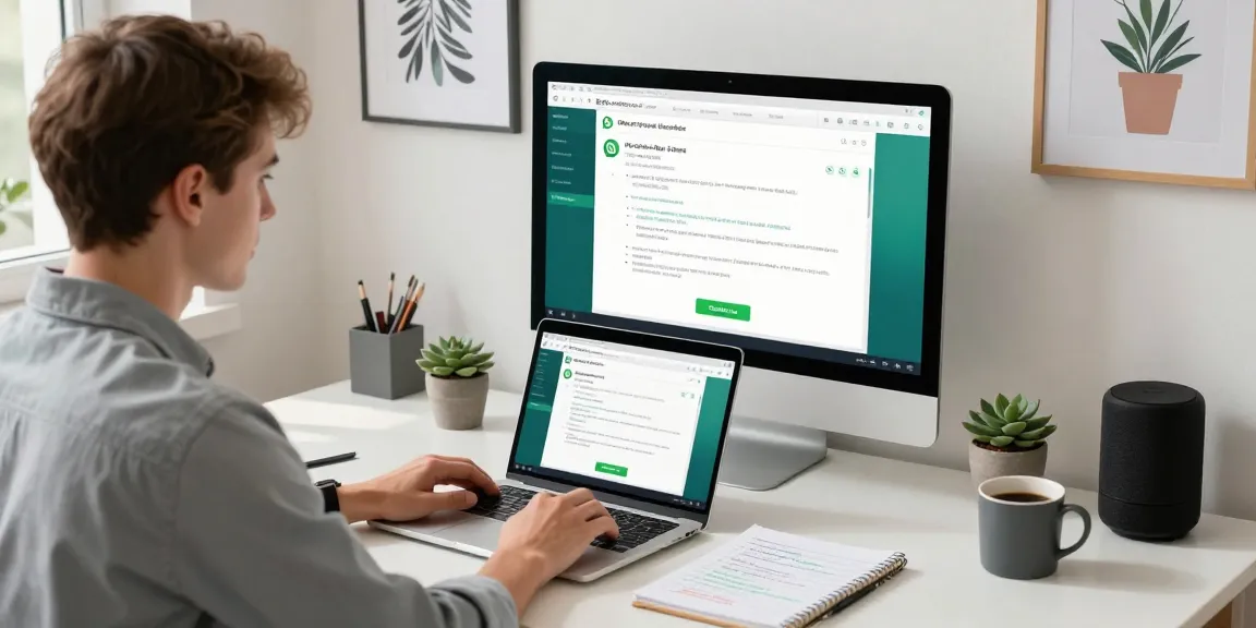 Modern home office with user engaging on WhatsApp網頁版, showcasing a productive workspace environment.