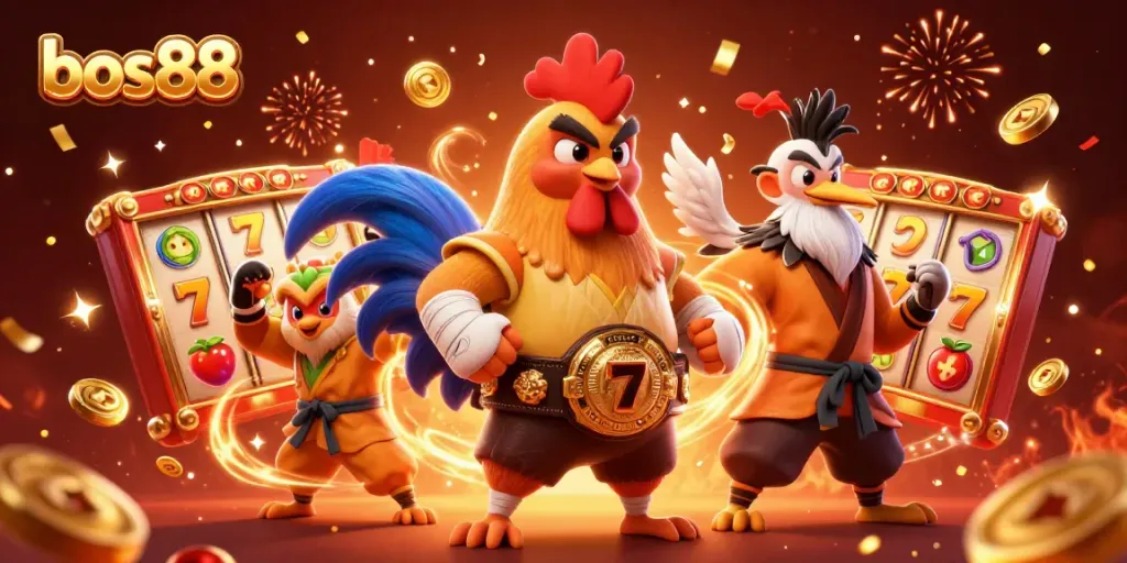 Experience thrills with bos88 as cartoon characters celebrate around slot reels and jackpots.