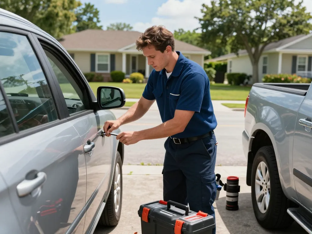 Emergency locksmith Vero Beach unlocking a car door, showcasing professional service in a friendly neighborhood.