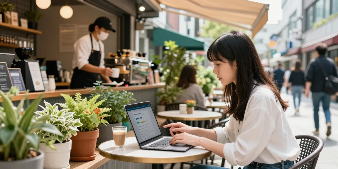 Youthful woman accessing discount details through password on laptop at urban café, representing 강남토닥이 services.