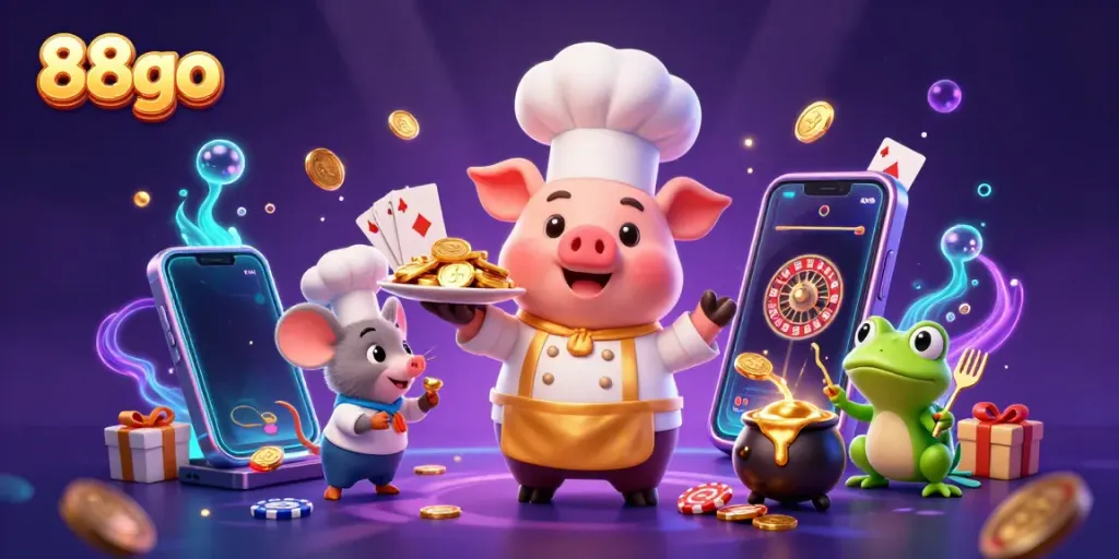 Engage with exciting 88go reels and gold coins accompanied by charismatic cartoon characters.