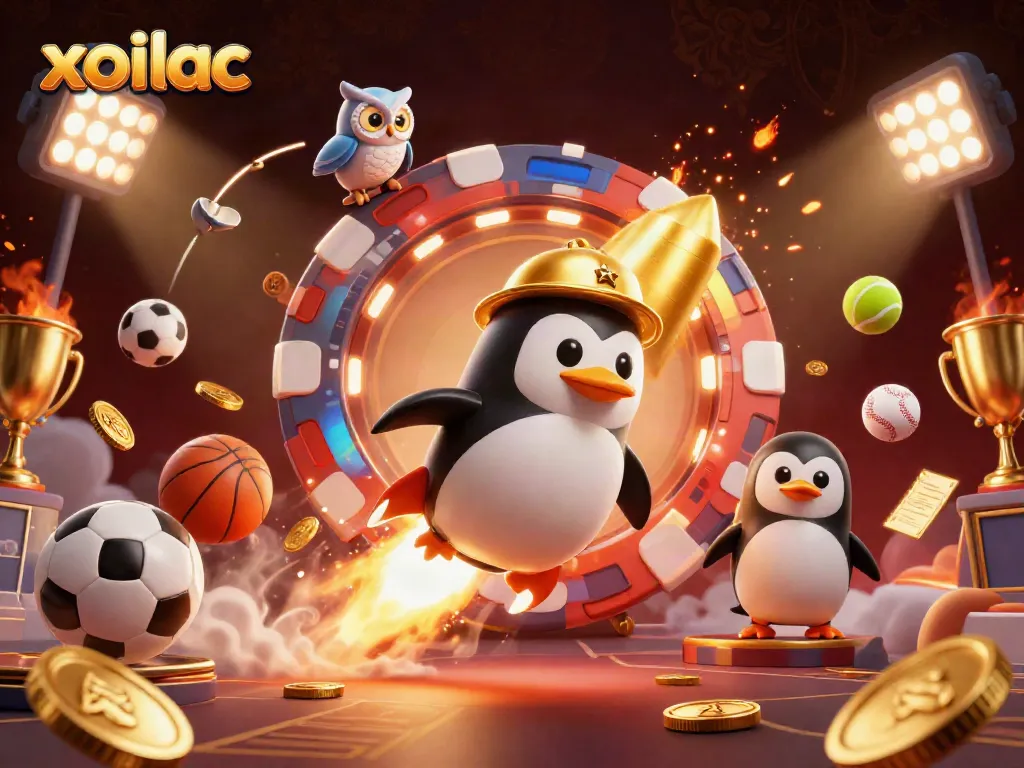 Experience exciting action at xoilac with a golden penguin soaring toward a vibrant casino space station.
