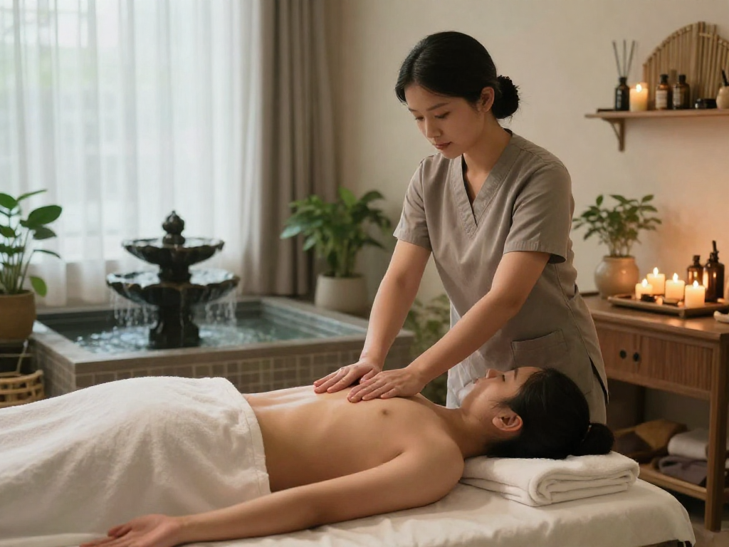 부천출장안마 tranquil spa massage therapy scene with soft lighting and greenery