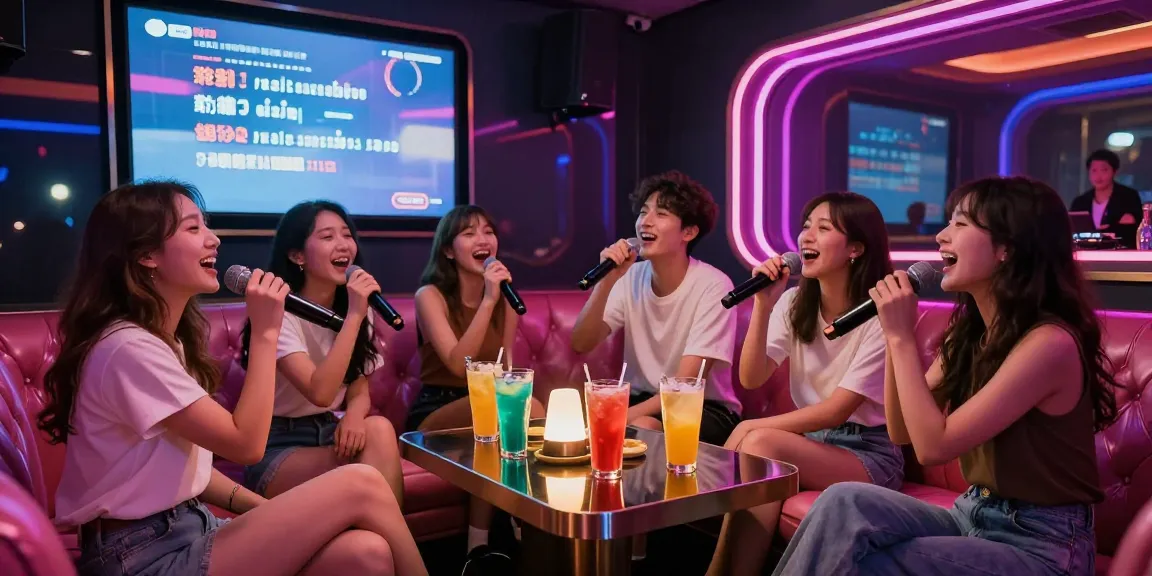 강남가라오케에서 노래 부르는 친구들과 화려한 조명