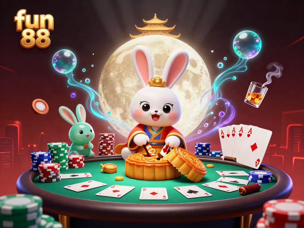 Engage with fun 88's vibrant casino scene featuring a moon rabbit and poker elements.