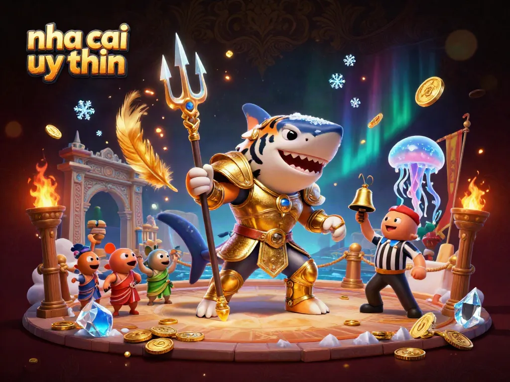 Immerse in the world of nha cai uy tin, featuring a golden shark gladiator in an underwater coliseum.
