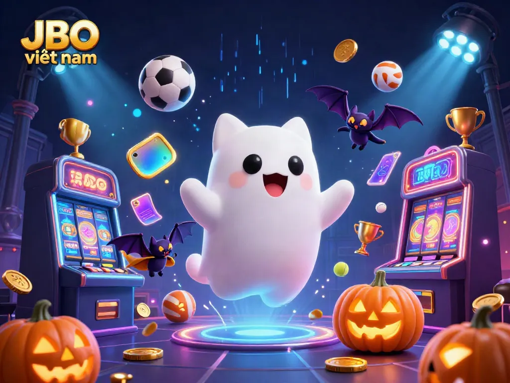 Enjoy the thrilling gaming experience at JBO việt nam with a friendly ghost cat and a dynamic casino backdrop.