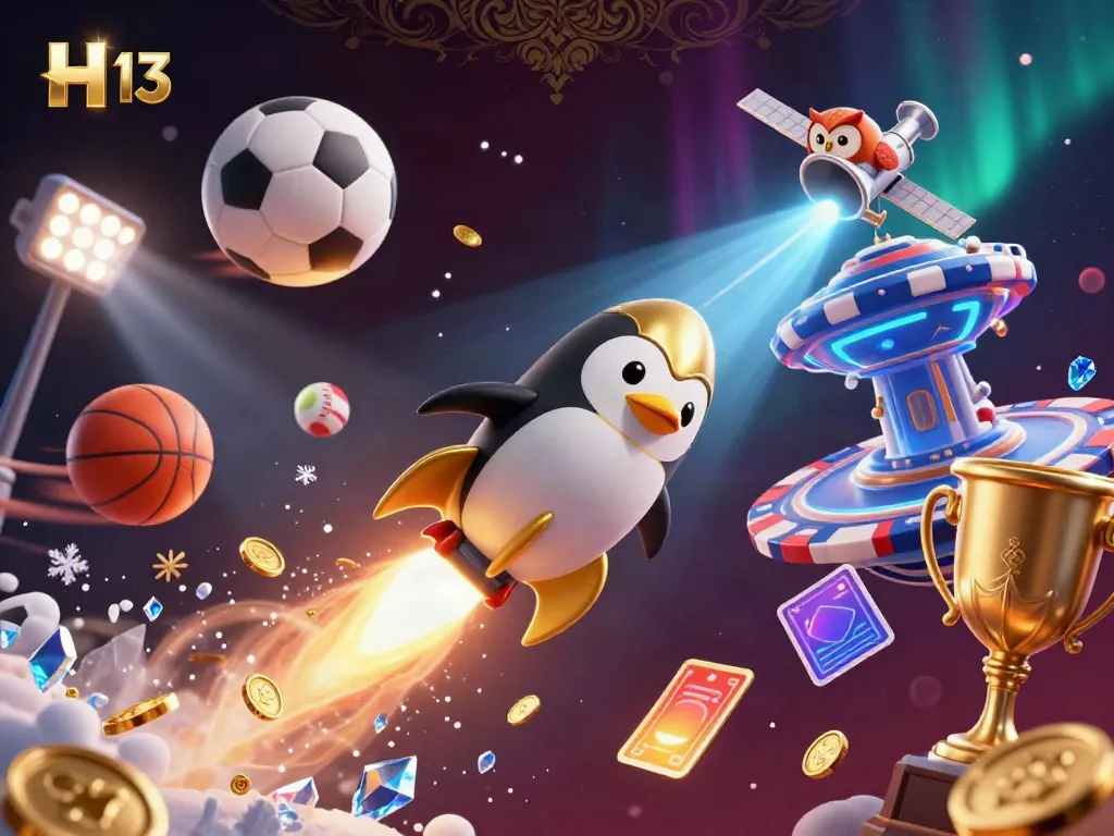 Engage in the casino excitement with H 13, as a golden penguin races toward a poker chip-shaped space station.