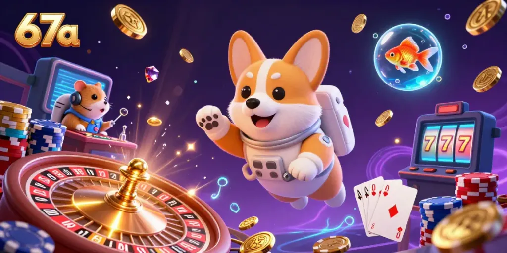 Experience the excitement of 67a's casino with a floating corgi astronaut and vivid game elements.