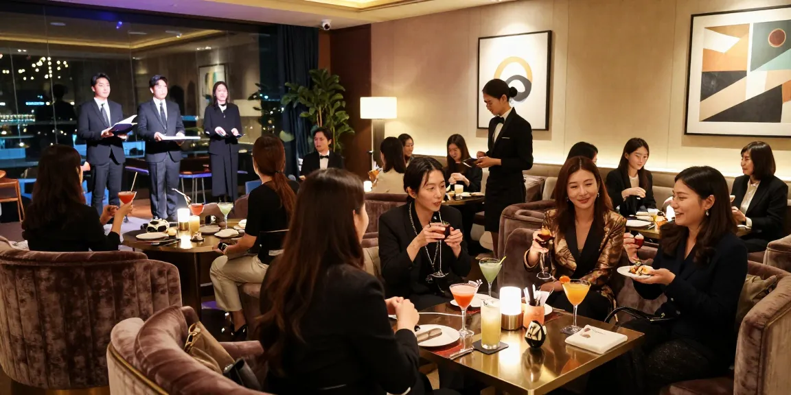 강남 쩜오의 고급스러운 라운지에서 즐거운 고객들 모습