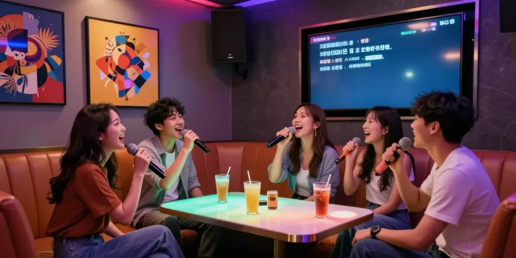 강남도파민에서 친구들과 함께 즐거운 시간을 보내는 카라오케 룸 모습