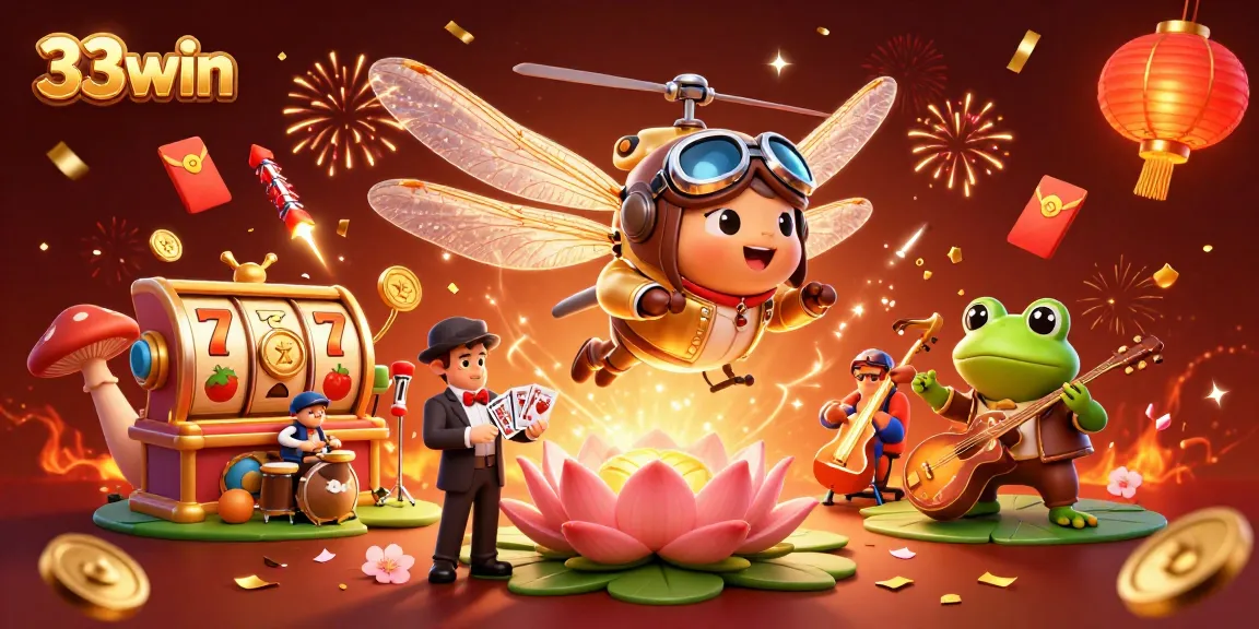 Play exciting games at 33win with our animated casino scene featuring slot reels and festive elements.