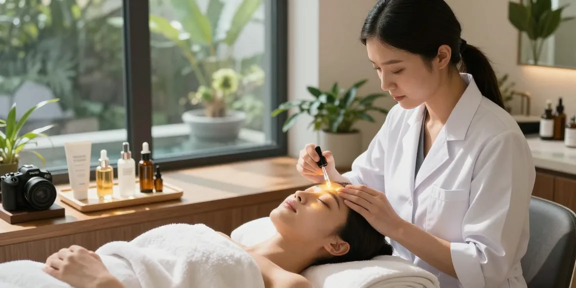 물광필링의 효과를 주는 스킨케어 전문가가 고객의 얼굴에 세럼을 바르는 모습