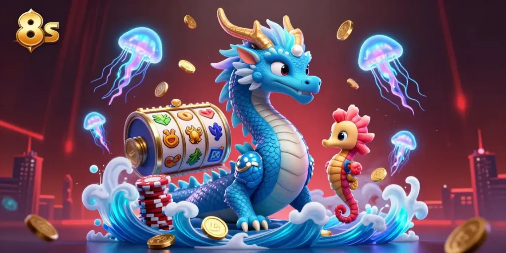 Experience the enchanting 8 S slot game scene with vibrant casino elements and dynamic characters.