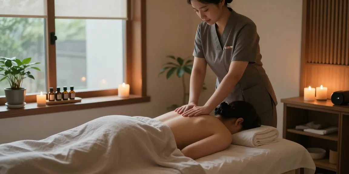 Relaxing 서울출장마사지 scene showcasing a tranquil therapy room with candles and essential oils.