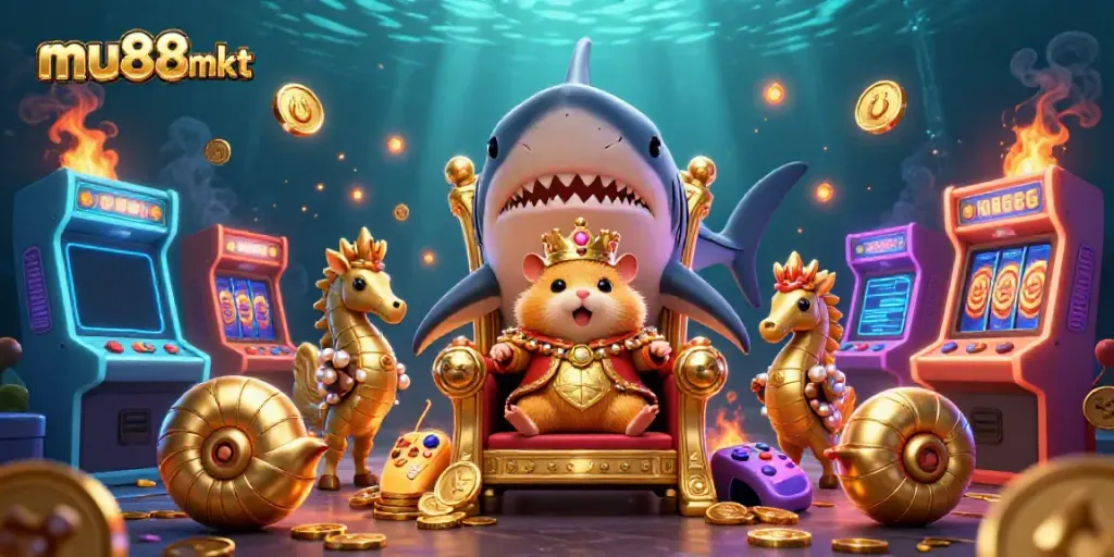 Spin and win with mu88mkt's vibrant casino scene featuring a golden hamster king on his megalodon throne.