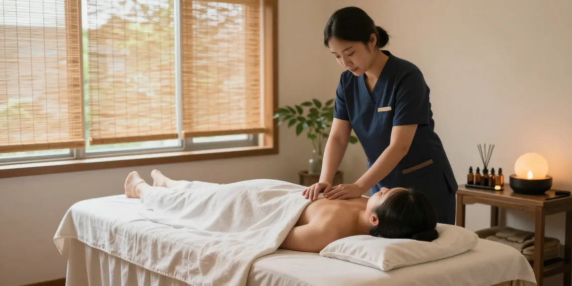 하남출장마사지를 받는 고객과 전문 마사지 치료사, 편안한 분위기의 마사지 공간.