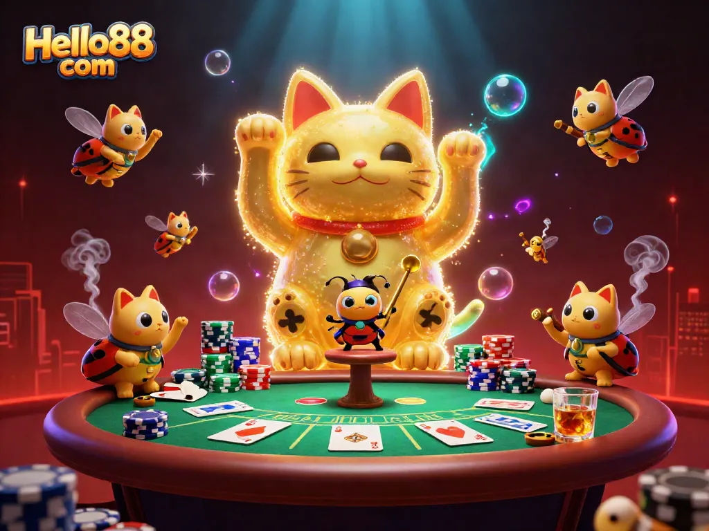 Experience thrilling gameplay with Hello88 com while winning with the giant lucky cat and poker chips.
