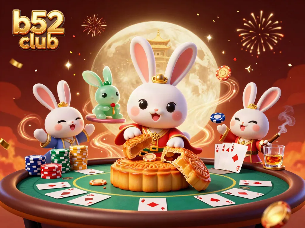 Play and win at b52 club with a festive scene of a moon rabbit revealing poker chips on a vibrant lunar surface.