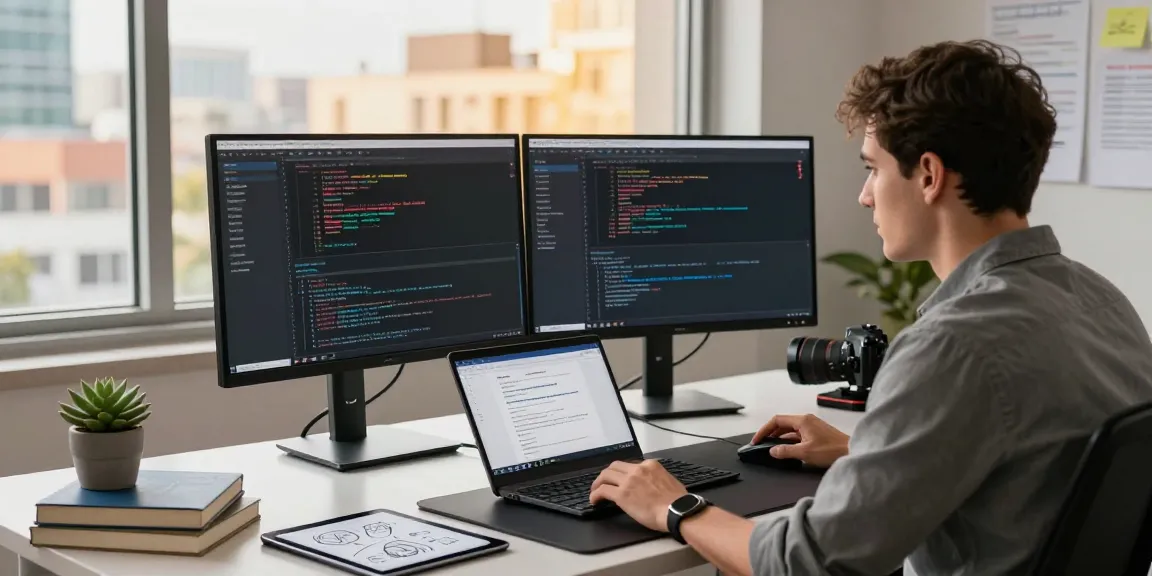 Developer focused on WPS Download in a modern office with dual monitors and a bright city view.