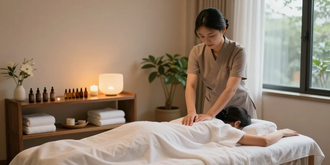 1인샵 마사지 테라피 풍경, 아늑한 마사지룸에서 고객에게 스웨디시 마사지 적용 중인 관리사 모습