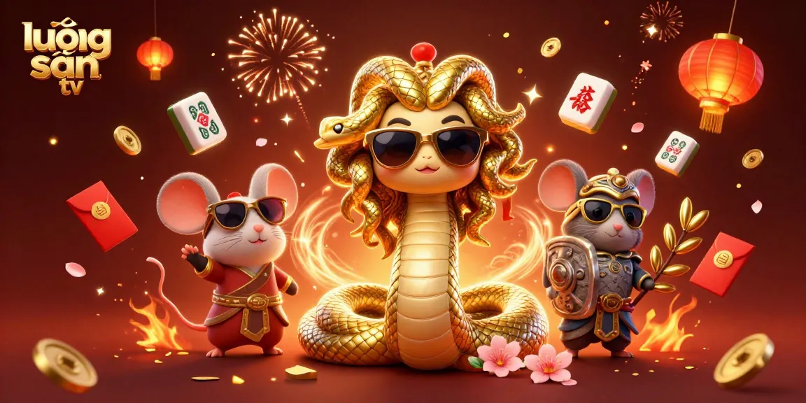 A dynamic scene of lương sơn tv showcasing fun gambling elements like jade coins and lucky red envelopes among friendly characters.