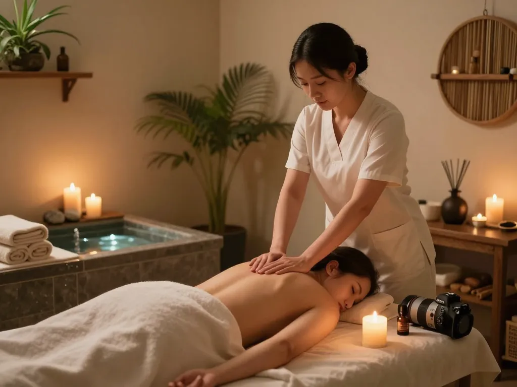 Spa ad featuring a serene therapy session with calming ambiance and essential oils.