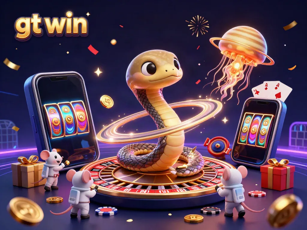 Experience excitement with gt win as cartoon characters engage in cosmic gambling at a vibrant casino scene.