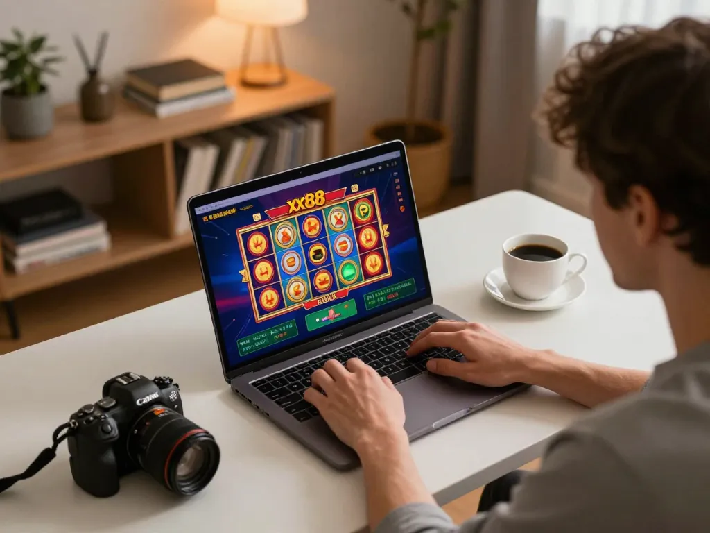 Engaging at xx88 online casino with spinning slot reels at home.
