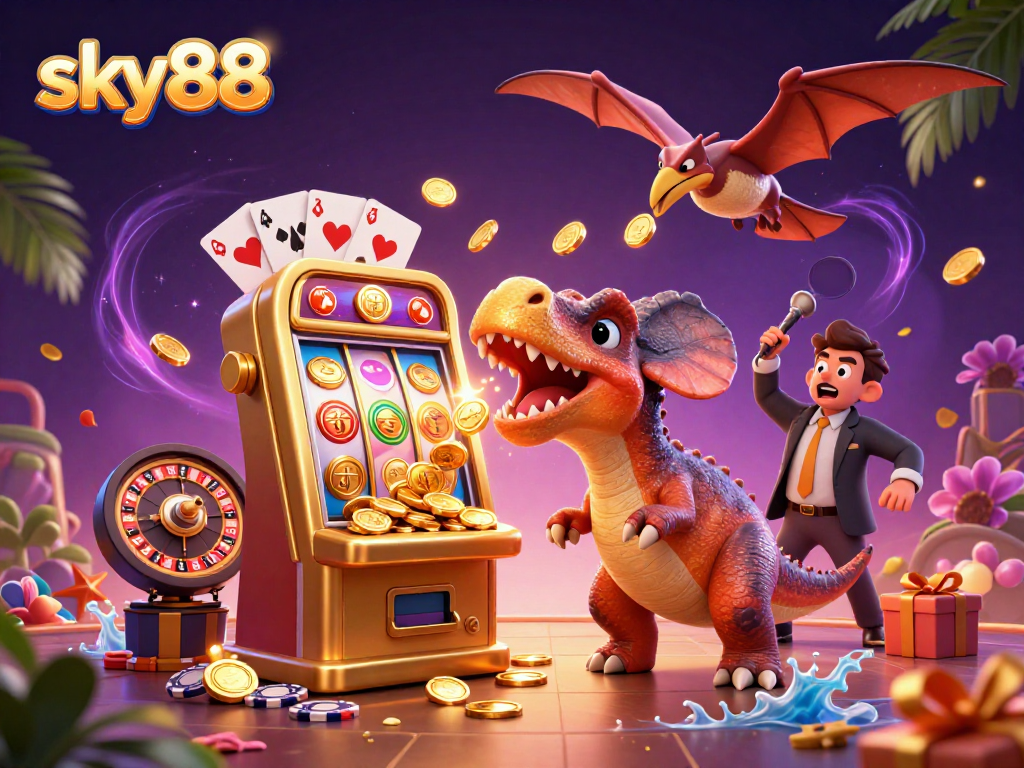 sky88 slot machine jackpot scene with dinosaurs, winning coins, and gaming action