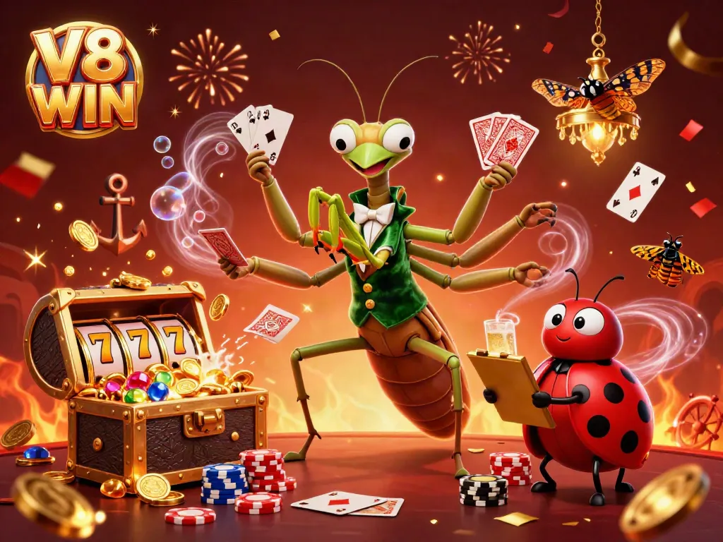 Experience the excitement of V8 WIN with a vibrant 3D casino scene featuring colorful characters and games.
