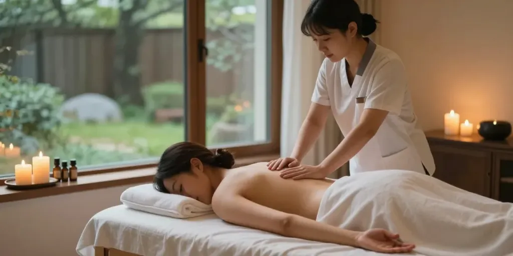 서울출장안마을 받는 고객과 마사지사, 편안한 분위기의 홈 스파